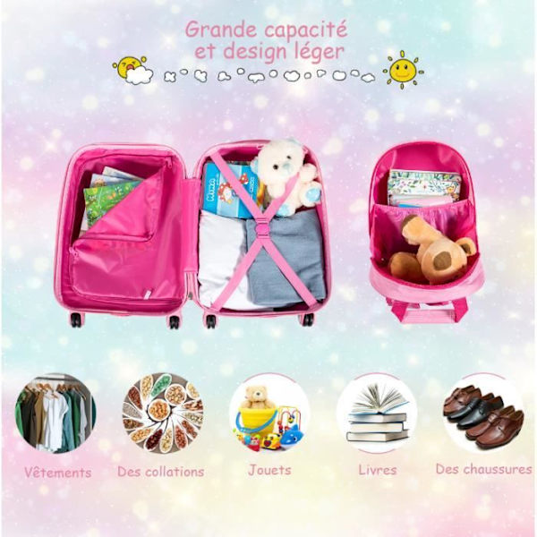 COSTWAY Lasten matkalaukku pyörillä 16" + 12" reppu lasten matkalaukkusetti merenneitokuviolla tytöille vaaleanpunainen Rosa