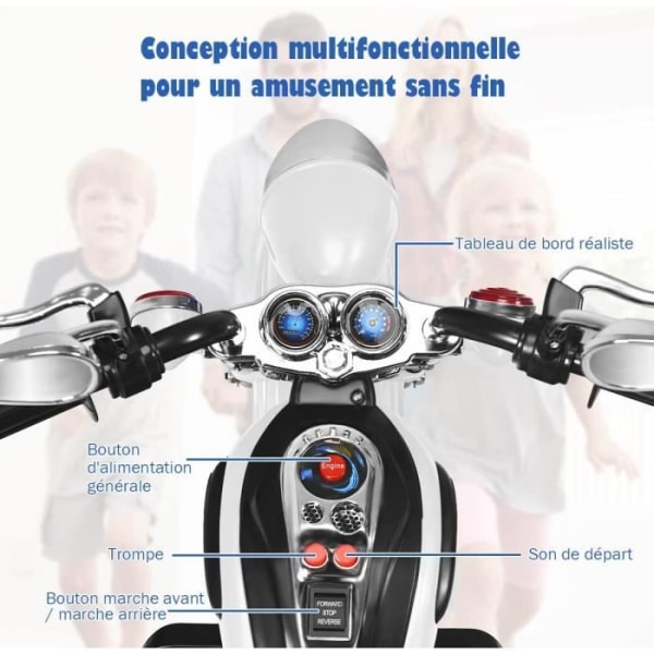 COSTWAY 6V elektrisk motorcykel för barnskoter med 3 hjul ljus- och ljudeffekt, 3 km/h Max, ålder 3+ Chopper Style Vit