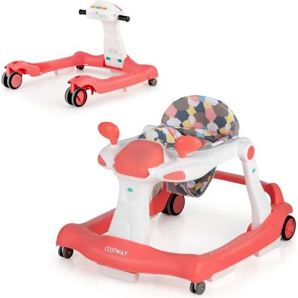 COSTWAY Musical Foldbar Baby Walker 2 i 1 justerbar højde og hastighed Lydeffekt med lys Vaskbar sædehynde Pink Rosa