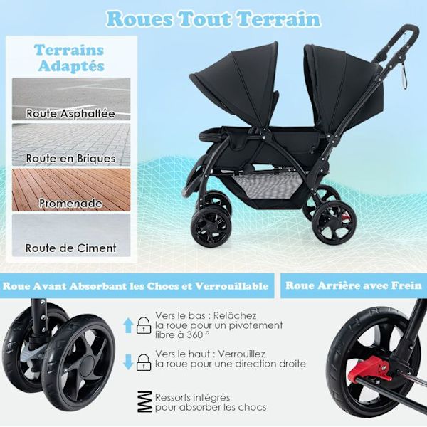 COSTWAY Twin Barnvagn Vikbar Dubbel Baby Baldakin Justerbar Canopy Cane Barnvagn 4 Hjul Anti-chock 5 Point Sele-30kg-Svart