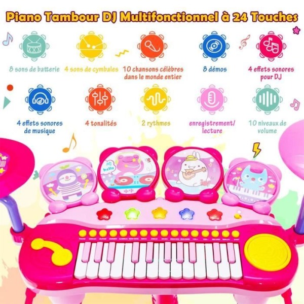 COSTWAY Baby Musical Toy 24 tangenter Piano och trumslagverk med pall, mikrofon, LED-lampor för barn i åldrarna 3+, rosa