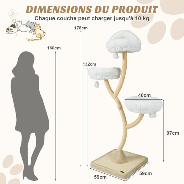 COSTWAY Cat Tree 178cm, 3 riippupalloa, 3 ahventa, sisal-raapimistolppa, Cat Tower kaareva metallirunko, beige