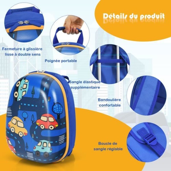 COSTWAY Set med 2 barnresväskor - ryggsäck + vagn med infällbart handtag Tema: blå bil