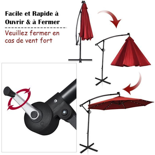 COSTWAY Parasolfad 3M 24 LED Solarlamper Rotationsvinklet 360°Krydssokkel, Vender, Justerbar vinkel Aluminiumsøjle Bourgogne Röd