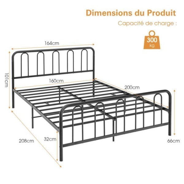COSTWAY metaldobbeltseng til voksne, 160 x 200 CM, sengeramme med 9 ben og hovedgærde, ingen boxfjeder nødvendig, ingen støj Svart
