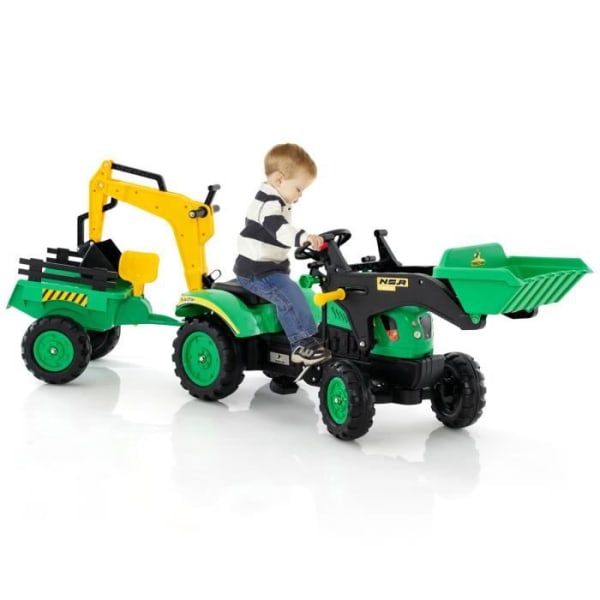 COSTWAY 3-i-1-traktor för barn med 6 hjul, grävmaskinleksak, avtagbar släpvagn, med ratt, horn, 3 till 6 år, grön