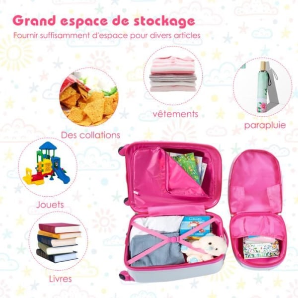 COSTWAY 16-tums vagn resväska för barn + 12-tums ryggsäcksbagageset i rosa med sött ugglemönster för flickor