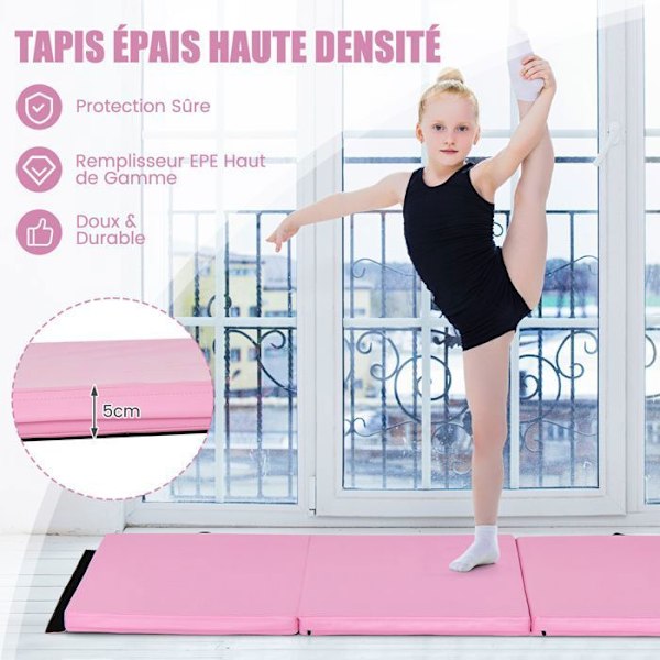 COSTWAY kokoontaittuva kuntosalimatto-180 x 60 x 5 cm-3 kerros kahva-koukku- ja silmukkakiinnikkeillä-vedenpitävä PU EPE täyte-vaaleanpunainen Rosa