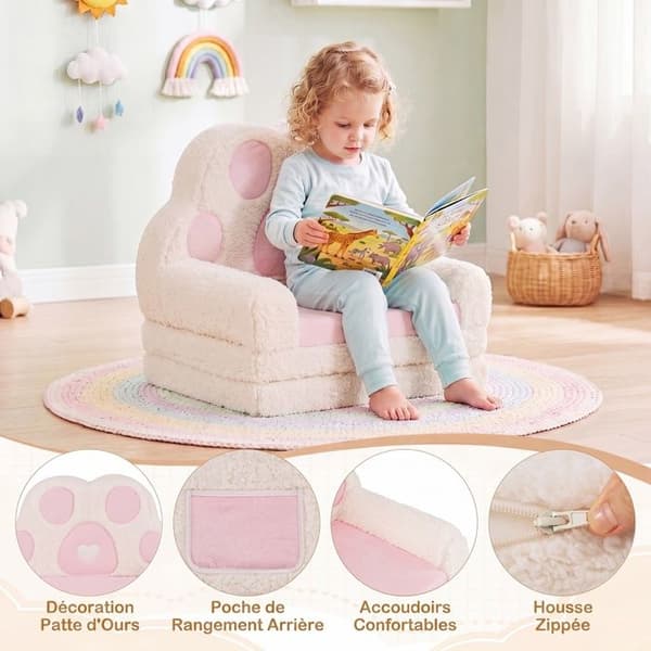 2-i-1 Barnsoffa - COSTWAY - Konvertibel Soffa-säng, Fällbar Barnfåtölj, Tvättbart Överdrag, för Sovrum, Vardagsrum, Rosa