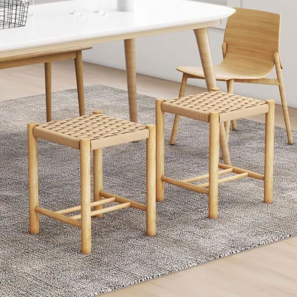 COSTWAY Sæt med 2 skamler i massivt træ, vævet papirsnor, dekorative 36 x 36 x 45 CM (L x B x H) Naturlig Naturligt 1