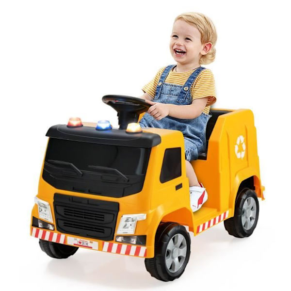 COSTWAY 12V elektrisk sopbil för barn 3-8 år, 6 återvinningstillbehör, lampor, musik, gul Gul
