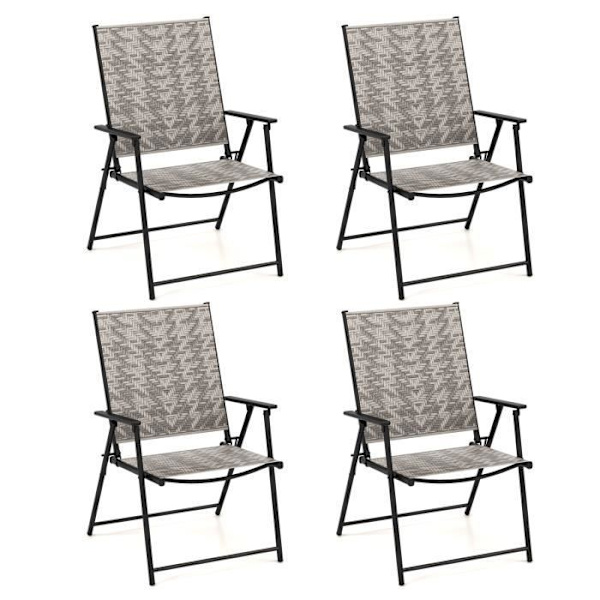 COSTWAY Sæt med 4 foldbare terrassestole, ingen samling, flet spisestuestole, til have, gård, ved poolen Rottingfärg: Gråmix | Ramfärg: Svart