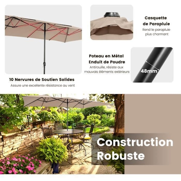 COSTWAY Haveudsigt Parasol Double XXL 426 x 265cm med Krumtap, Ventileret Top i Polyester, Metallisk Struktur med 10 Spidser, Kaffe