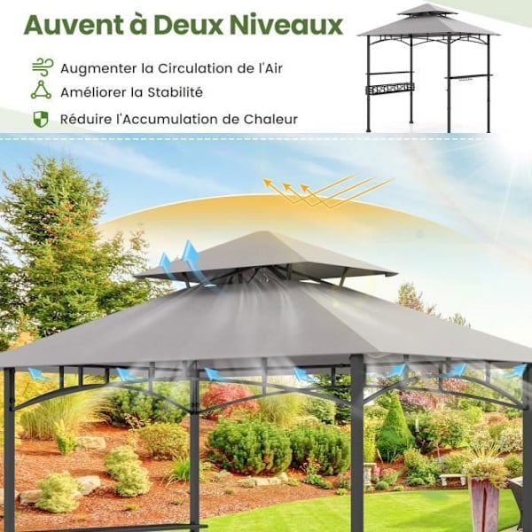 Grill Gazebo 242x153 cm COSTWAY-2 Nivå tak-2 sidohyllor-Förvaringskorg-Fjädringskrokar-Flasköppnare