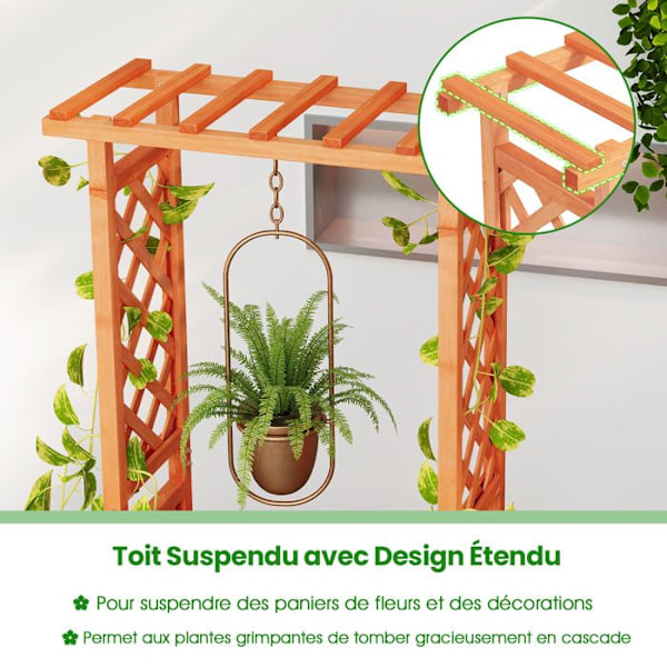 COSTWAY Träförhöjd plantering med spaljé för klätterväxter, upphängt tak, dräneringshål, 66 x 32 x 152 cm Orange