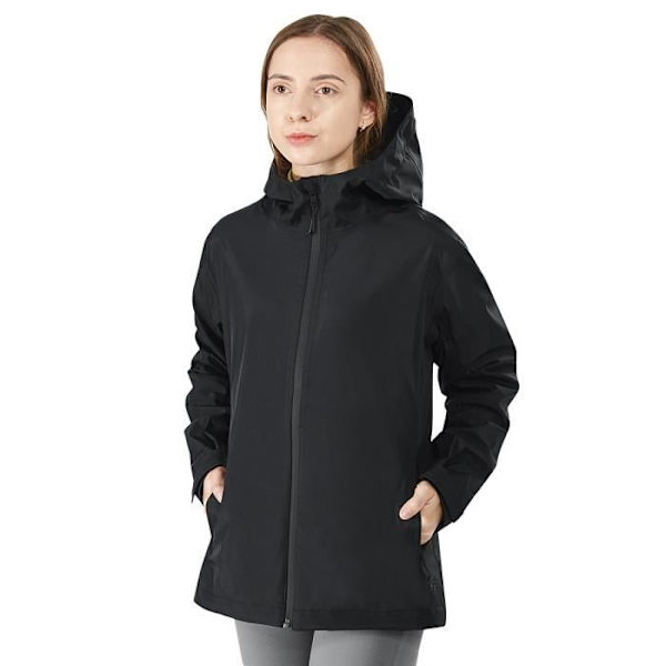 COSTWAY Trenchcoat til kvinder, regnjakke med hætte, vind- og vandafvisende udendørsjakke i nylon, langærmet, sort, L Svart S