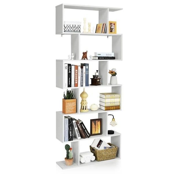 COSTWAY 6-lags reol, 80 x 23 x 191 CM, S-formet opbevaringshylde med skridsikre puder, hvid