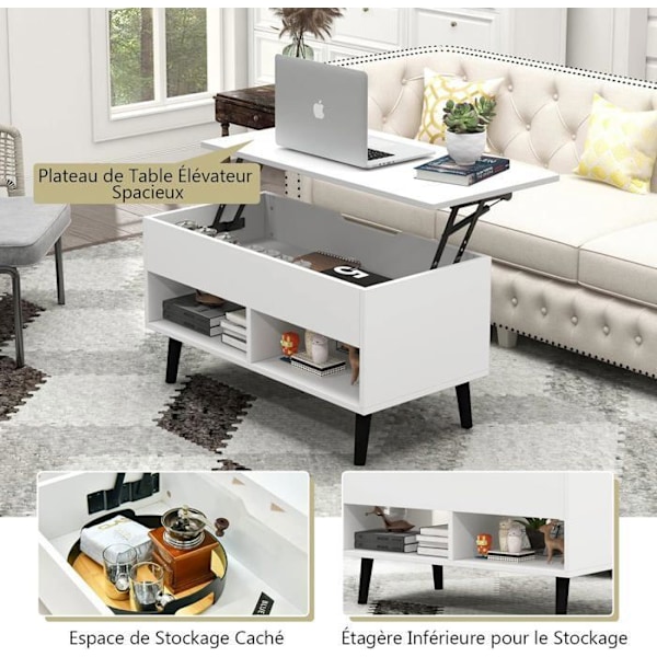 COSTWAY Sofabord med Lift Top Moderne stuebord med skjult opbevaring 2 åbne rum 80x40x44,5-58CM Hvid Vit