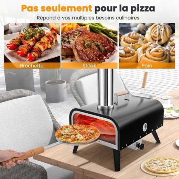COSTWAY Bärbar utomhuspizzaugn-30cm Roterande Pizza Sten-Träpelletskamin-Termometer-Täcke-Pizzaskyffel