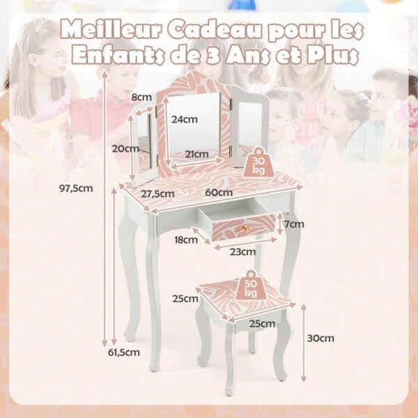 COSTWAY 2-i-1 sminkbord för 3-7 åringar med löstagbar 3-faldig spegel, sminkbord med pall och låda, rosa