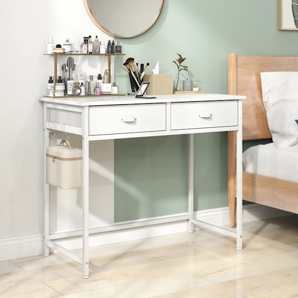 COSTWAY Computer Desk med 2 Stofskuffer - 4 Hængende Kroge 90 x 45 x 75 cm - Metalramme til Stue og Soveværelse