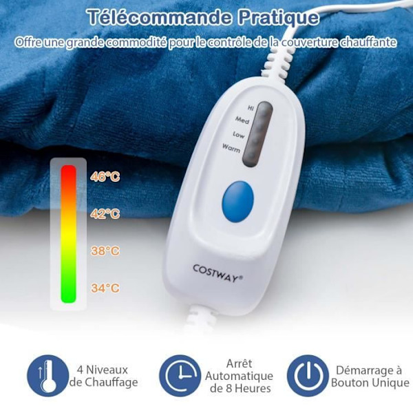 COSTWAY Uppvärmd filt 130x180cm 4 värmenivåer Autoavstängning 8H Fjärrkontroll Timer Tvättbar Flanellblå