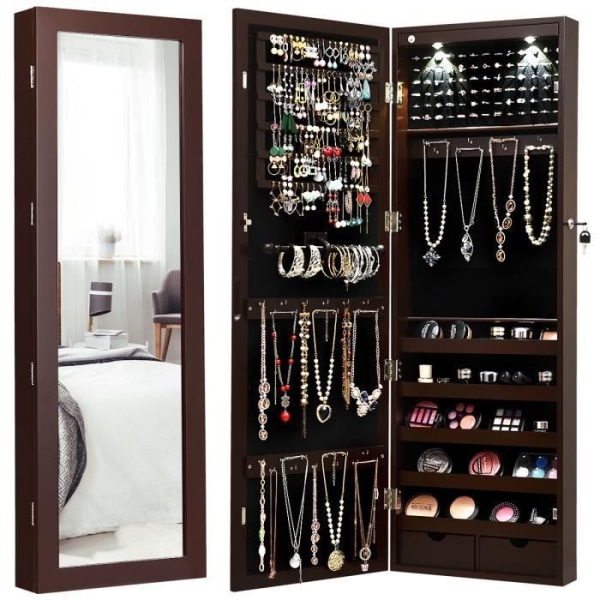 COSTWAY Smyckesskåp med LED-lampor inuti, krokar, spegel och lådor, för daglig makeup och smycken, 37 x 9,5 x 108 cm, brun