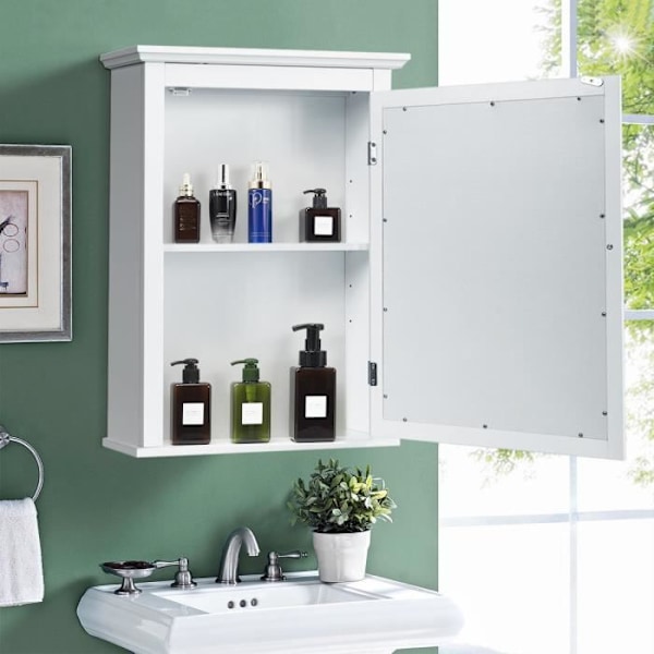 COSTWAY seinään kiinnitettävä kylpyhuonekaappi peilillä ja 2 hyllyllä, säädettävä hylly, 5 tasoa, 56 x 15 x 69,5 cm, valkoinen