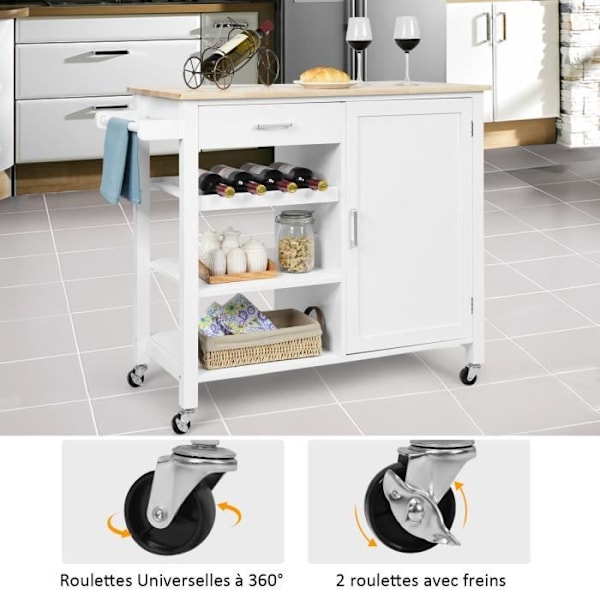COSTWAY keittiövaunu/pyörillä oleva vaunu - 100 x 48 x 90 CM - Keittiösaareke - Laatikot - Kaappi - Pyyhehylly - Valkoinen