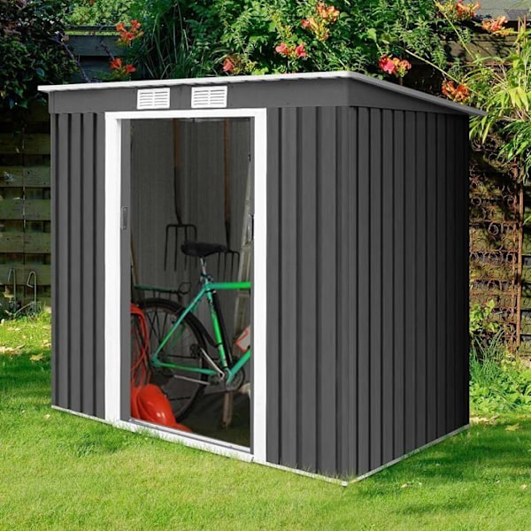 Trädgårdsskjul i metall Galvaniserad plåt verktygsskjul med skjutdörr och två ventilationsfönster 213 x 130 x 173 cm