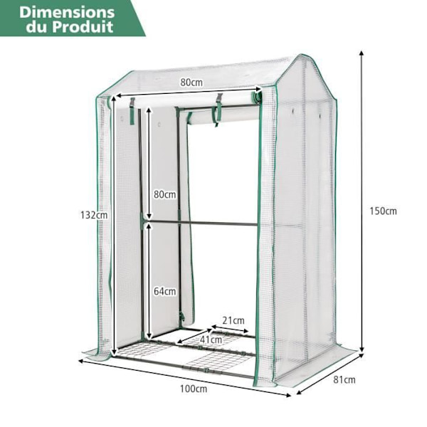 COSTWAY bærbart havedrivhus 100 cm x 81 cm x 150 cm 2 rulledøre 4 gitter indendørs og udendørs stålkonstruktion