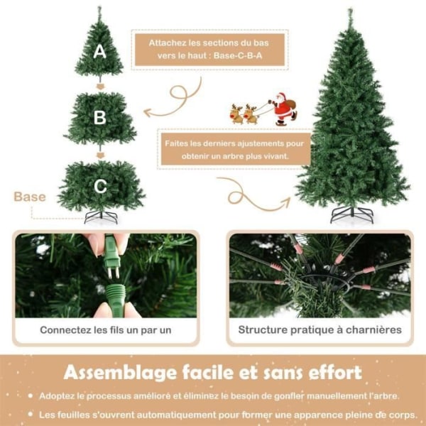 COSTWAY förbelyst konstgjord julgran, 215 cm med 350 LED flerfärgade lampor, hopfällbart metallställ, 1006 grenar, grönt