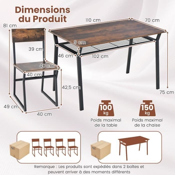 COSTWAY 5-delat matbordsset med 4 industristolar, förvaringshylla, metallstomme, 110 x 70 x 75 cm rustikt brunt