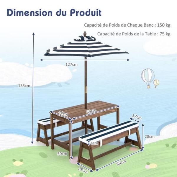 COSTWAY-bord och 2 trädgårdsbänkar med parasoll och grankuddar Picknickbord för 4 barn blå-vitrandigt Blå+hvid