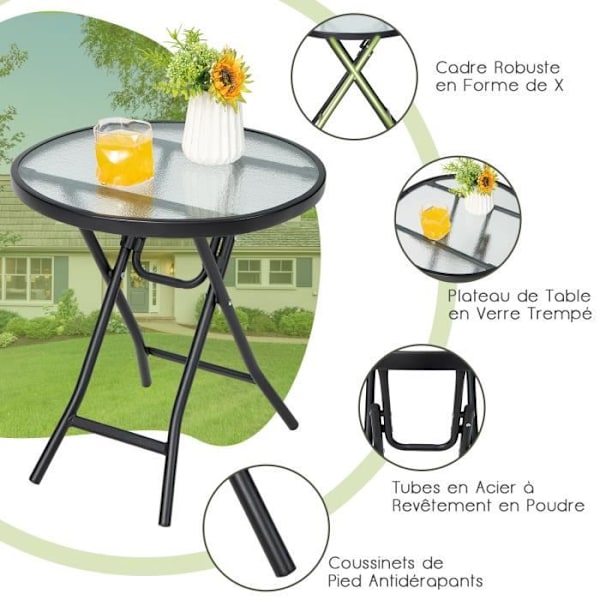 COSTWAY Sammenklappeligt Bistro Havebord φ46 x 47cm i glas og stål til Indendørs Udendørs Terrasse Altan Terrasse Belastning 50 kg Sort