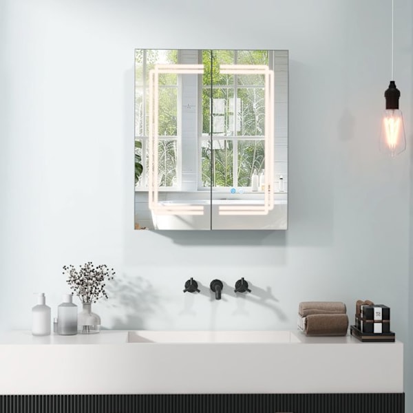 COSTWAY Badrumsskåp med spegel 60 x 70 cm, LED och uttag, 2 dörrar, 3 nivåer, Steglös avbländning, Imma, Vit Vit