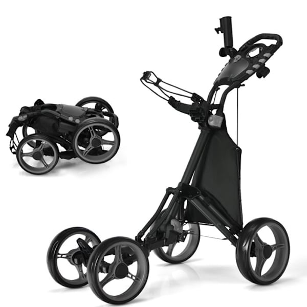 COSTWAY 4-hjuls foldbar Push or Pull Golfvogn - Vandtæt taske - Fodbremse - Paraplyholder, Justerbart håndtag - Aluminium