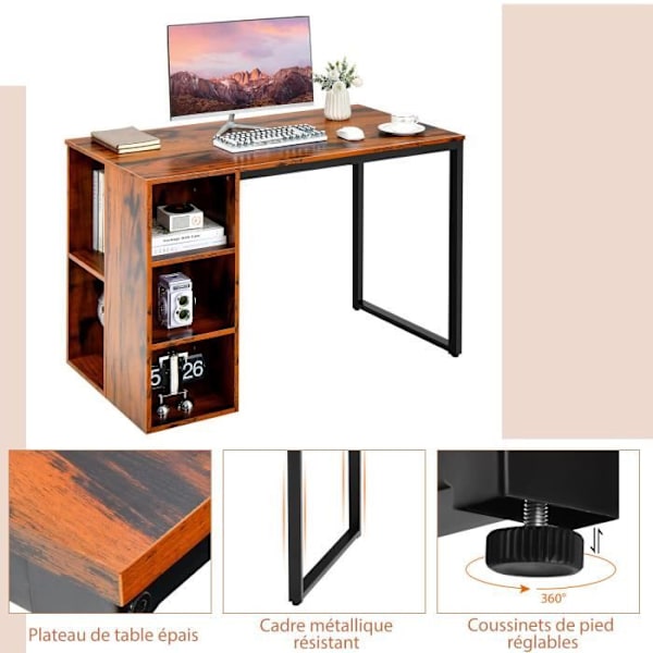 COSTWAY computerbord med reol, metalstel, computerbord 115 x 59,5 x 75 cm med 5 rum, brun Rustik brun + svart
