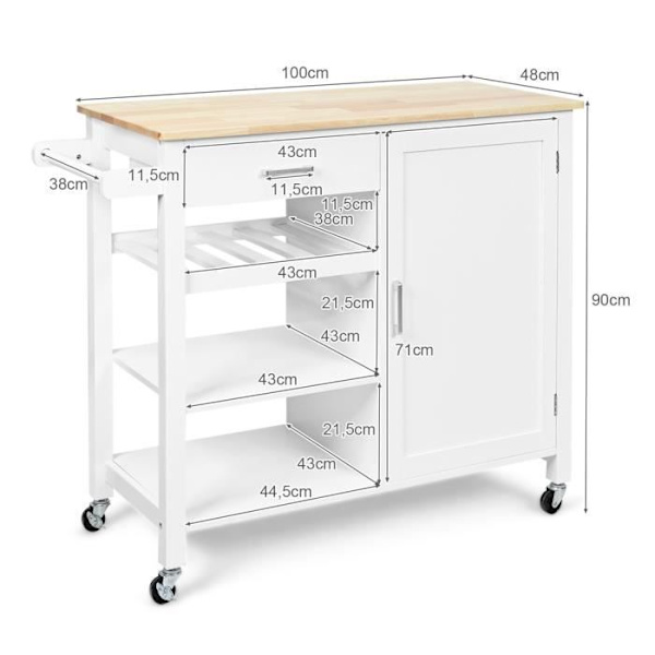 COSTWAY keittiövaunu/pyörillä oleva vaunu - 100 x 48 x 90 CM - Keittiösaareke - Laatikot - Kaappi - Pyyhehylly - Valkoinen