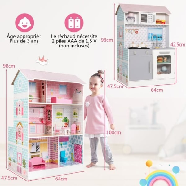 COSTWAY 2-i-1 dockskåp med barnkök - 8 tillbehör Ljudlampor 3 våningar för barn från 3 år Rosa