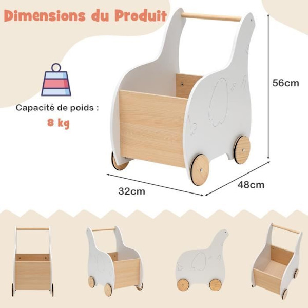 COSTWAY Walking Cart för barn 2-i-1 kundvagn Används som en gåstol för 1 - 3 år gamla, vita gummihjul