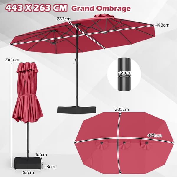 Parasol Dubbel Trädgård 470x285cm Rektangulär - COSTWAY - Bas och 2 Sandsäckar (Utan Sand) - 12 Robusta Spön - Röd