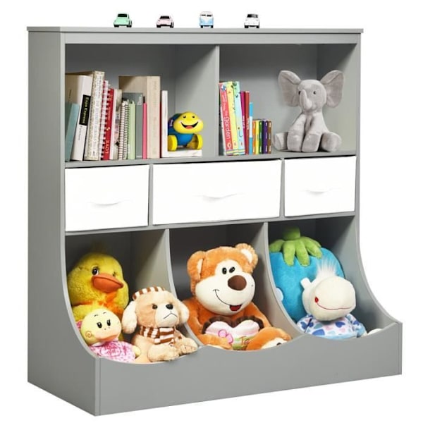 COSTWAY Barnleksaksförvaring Bokhylla Tidningsställ 5 fack med lådor och korgar, 93x40x94 cm, Grå Grå