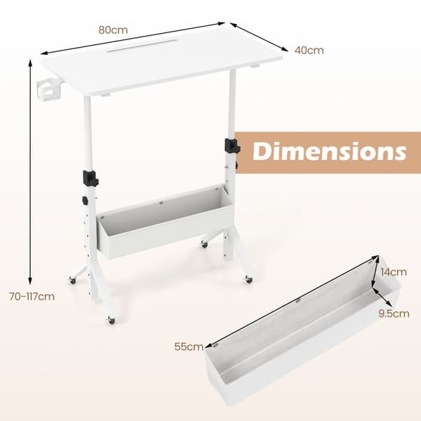 Bureau Assis-Debout COSTWAY Justerbar 6 Höjder 80×40cm Triangulära Ben Låsbara Hjul Tygficka Koppställ Vit