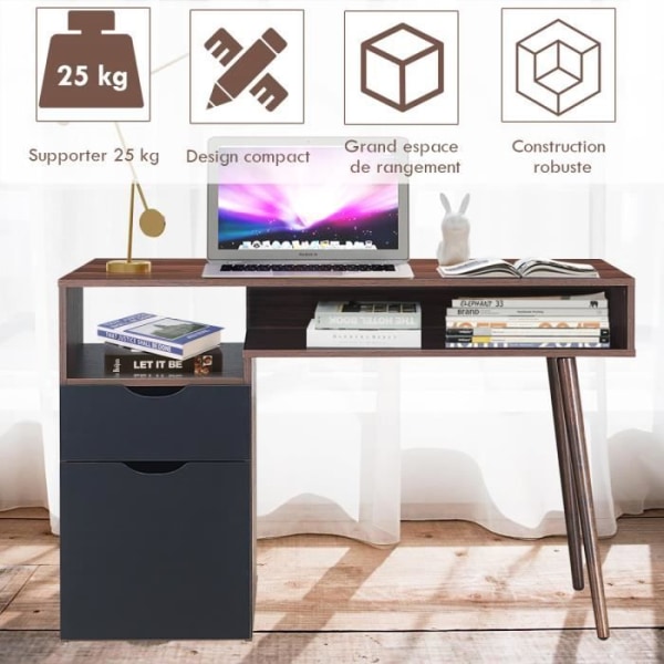 COSTWAY computerbord 120 x 55 x 78 CM med dørskab og skuffe Moderne computerbord rustik brun Brun + svart
