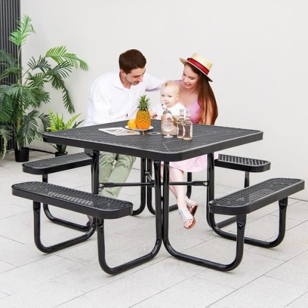 COSTWAY fyrkantigt picknickbordsset med 4 integrerade bänkar för 8 personer, campingbord med paraplyhål, svart