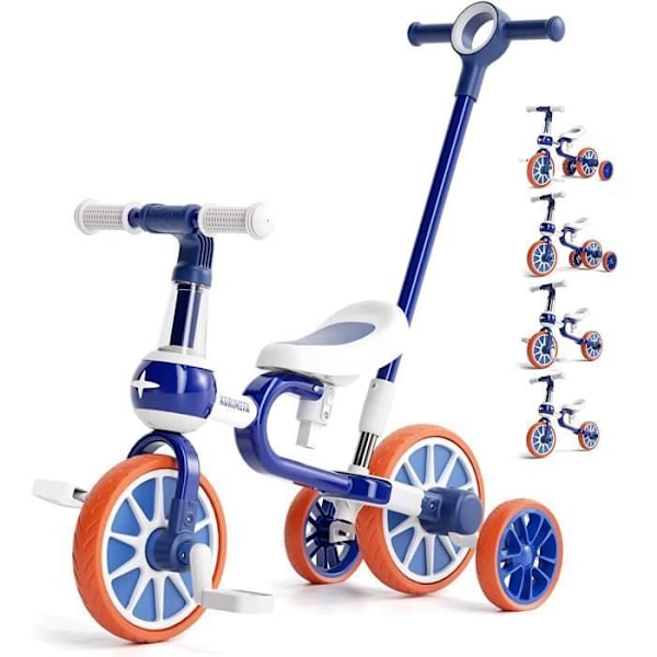 COSTWAY 5-i-1 evolutionär trehjuling med putter för barn 2-4 år, avtagbar pedal och bakhjul, justerbart säte och handtag blå Blått, vitt och orange