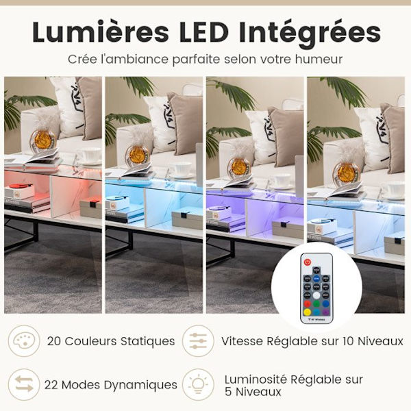 COSTWAY soffbord med LED-lampor, faux marmorskiva, härdat glas, fjärrkontroll ingår, 4 förvaringskuber, vit Vit
