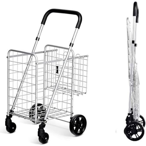 COSTWAY Foldbar markedsvogn - 4 hjul - 2 kurve (48L + 10L), Stål - Maks. belastning: 20 KG - Indkøbsvogn-sølv Pengar