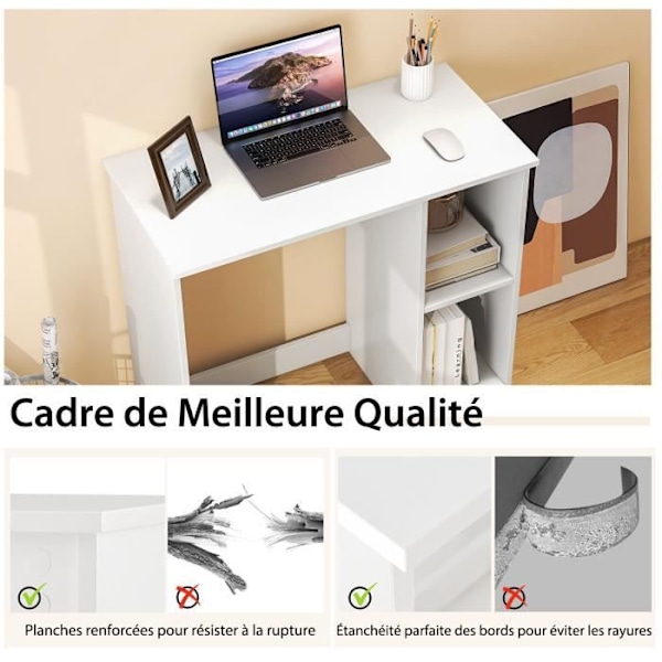 COSTWAY Moderne 2-hylde skrivebord - 80 x 40 x 74 CM (L x B x H) MDF hvid højglans melamin finish